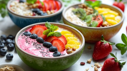 Vibrant acai bowls garnished with fruits, concept of colorful superfoods and healthy breakfast