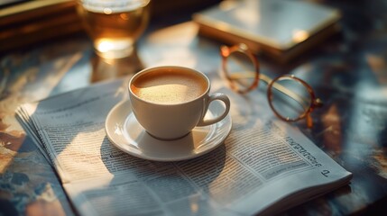Steaming coffee cup on a newspaper with glasses in soft morning light, evoking a serene start to the day - Concept of daily ritual, relaxation, and journalism.