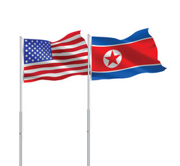 American and North Korean flags together.USA,North Korea flags on pole