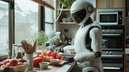 A robot stands at a kitchen counter surrounded by fresh produce, ready to prepare a meal