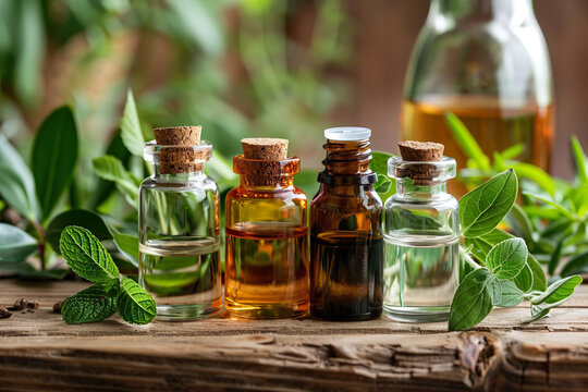 Assortment of Essential Oils with Fresh Herbs