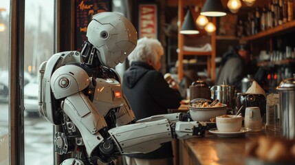 A service robot stands beside an elderly individual at a cafe counter with meals on display