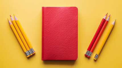 Back to school concept. A red color notebook and graphic pencils on yellow background with copyspace.