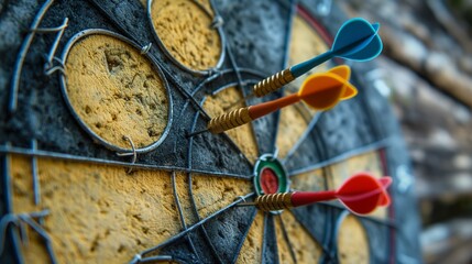 Close-up of darts in bullseye on dartboard, depicting achievement and competitive success - Concept of goal setting, precision, and skill in sports and business.