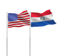 American and Paraguay flags together.USA,Paraguay flags on pole