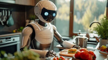 A robot carefully serves a sandwich in a bright kitchen, complete with fresh ingredients