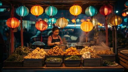 Bustling Asian street food stall with vibrant lanterns and diverse cuisine, Concept of culture,...