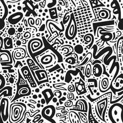 Abstract doodle black and white seamless pattern.