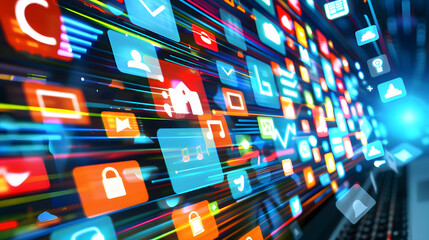 Business data displayed on a glowing digital screen with financial charts and numbers