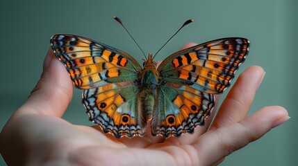 hand holding beautiful butterfly isolated on light green background