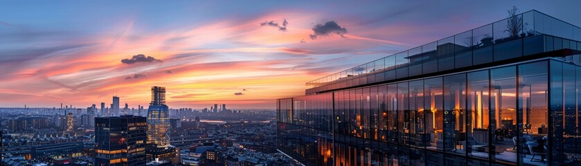 Fototapeta premium Ecodistrict with buildings made of recycled glass, twilight, panoramic city view