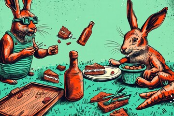 A group of cartoon rabbits in casual wear have a picnic, munching on sandwiches and carrot cake, seen in joyful closeup