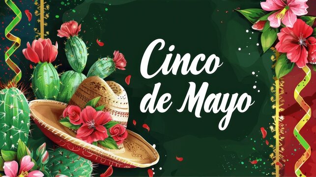 Cinco de Mayo card, celebration poster with a cactus, flowers and sombrero. Mexican holiday traditions, colors mexican flag. 