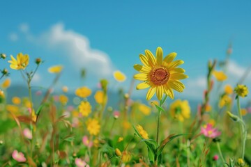A field filled with countless yellow and pink flowers, swaying gently in the breeze under the warm sun.