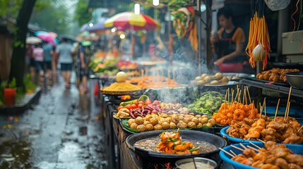 Vibrant Street Food Market with a Variety of Dishes in Steamy Stalls: Concept of Culinary Diversity and Traditional Cuisine - obrazy, fototapety, plakaty