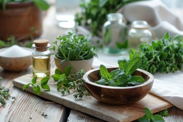 A rustic wooden cutting board adorned with fresh green herbs, creating a fragrant and visually appealing display.