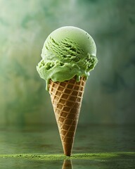 One scoop of matcha green tea ice cream in a waffle cone