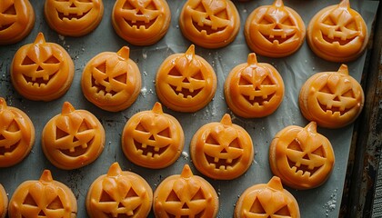 A bunch of jack-o-lantern cookies on a baking sheet - Powered by Adobe