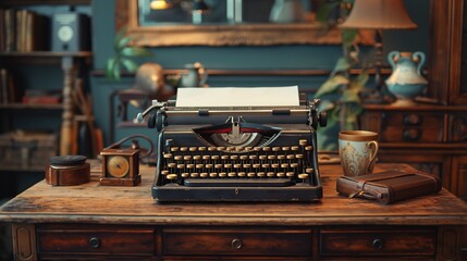Vintage black typewriter on an antique wooden desk, nostalgic workspace with classic decor, concept of historical literature and writing