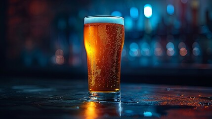 A close up of a single pint of beer on a bar - obrazy, fototapety, plakaty