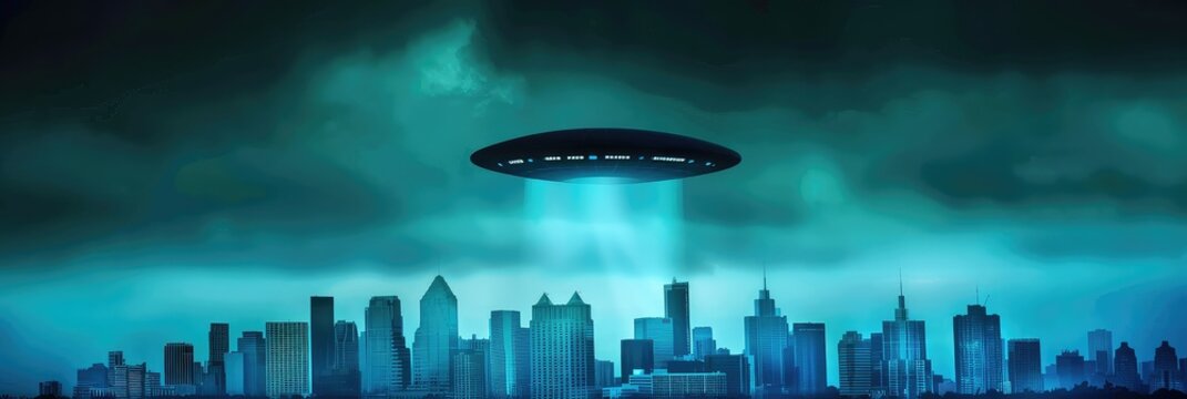 Alien invasion. An alien spaceship hovered over a densely populated city. The alien spaceship hovers above the city, its imposing silhouette casting an undeniable sense of dread.