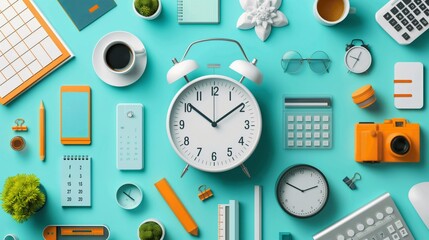 Vibrant office supplies and timekeeping devices neatly organized on turquoise background, concept of workplace organization and time management