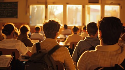 A group of high school students sitting in a classroom during a lecture with sunlight coming in through the windows. - obrazy, fototapety, plakaty
