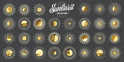 Vintage grunge sunburst sunset beams. Gold foil, shiny handmade circles. Golden glittering texture, pattern. Hand drawn bursting sun, light rays. Logotype, lettering, retro style. Vector illustration