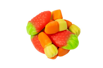 Assorted colorful gummy candies isolated on a white background. Top view. Jelly  sweets.