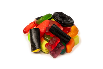 Assorted colorful gummy candies isolated on a white background. Top view. Jelly  sweets.
