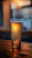 A close up of a frosty glass of beer with a foamy head sitting on a bar with out of focus lights in the background.