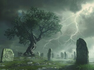 Ancient Tree and Runestones Against a Stormy Night Sky with Lightning