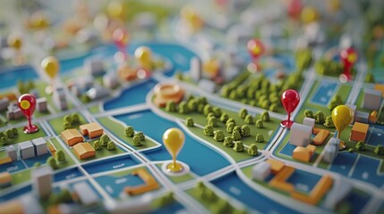 Community Mapping: A 3D vector illustration of a map with pins marking sites of community health clinics