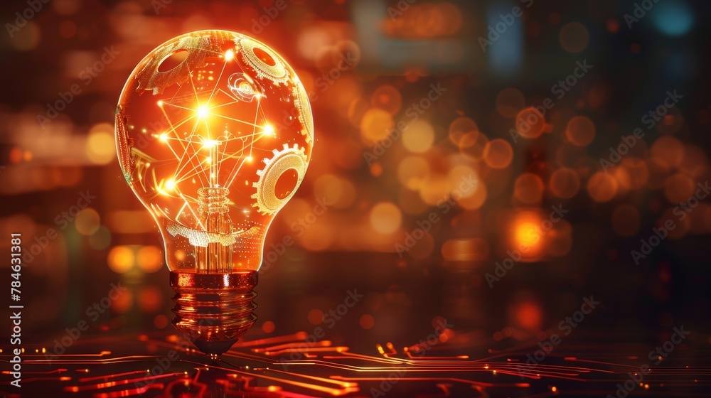 Wall mural creativity and design: a 3d vector illustration of a lightbulb with gears and a computer chip inside