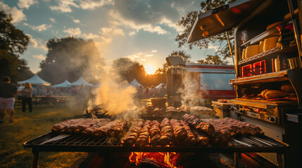 BBQ food truck at a country music festival with smoke billowing over grilled meats, Concept of outdoor events, cuisine, and culture