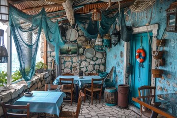 Adorned with fishing nets and nautical elements, cafes in Croatia celebrate maritime traditions.  - obrazy, fototapety, plakaty