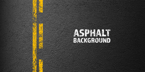 Asphalt road with yellow cracked lane marking, concrete highway surface, texture. Street traffic line, road dividing strip. Pattern with grainy structure, grunge stone background. Vector illustration