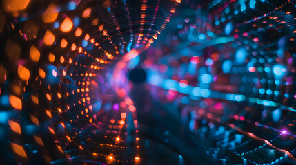 Abstract blue neon tunnel with glowing circles evokes a sense of space and motion - obrazy, fototapety, plakaty