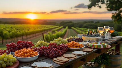 Evening glow at a vineyard with an assortment of grapes and wine glasses on a table, Concept of...