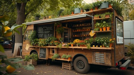 Quaint mobile plant shop on city street, lush foliage and flowers adorning a wooden trailer, concept of urban gardening and eco-friendly business