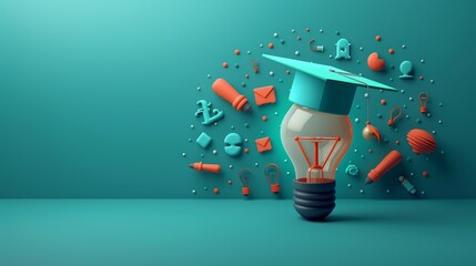 Education and Learning: A 3D vector illustration of a lightbulb with a graduation cap