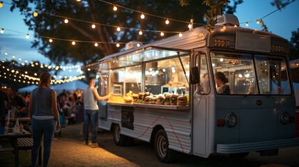 Food truck at a lively evening market with string lights, concept of street food culture and community events