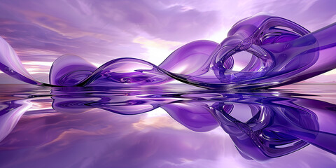  Abstract violet background with curvy glass ribbon and reflection on the water surface.