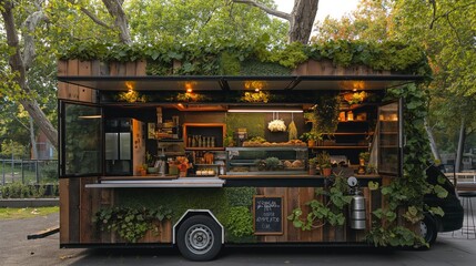 Vibrant urban food market on wheels offering fresh produce and floral arrangements, concept of innovative retail spaces and urban sustainability