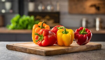 A selection of fresh vegetable: bell peppers, sitting on a chopping board against blurred kitchen background; copy space