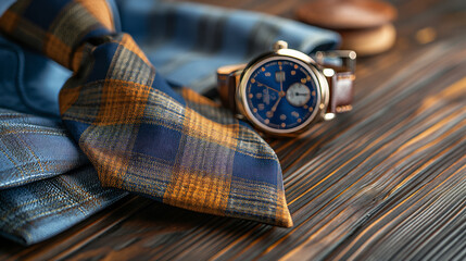 Elegant men's tie and watch with a classic design on a wood background, concept of sartorial elegance and personal style