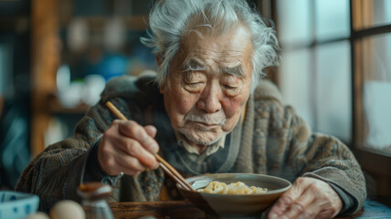 Elderly man eating with chopsticks - obrazy, fototapety, plakaty