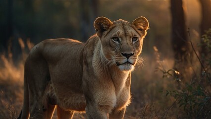 Naklejka premium Lioness in the forest at sunset