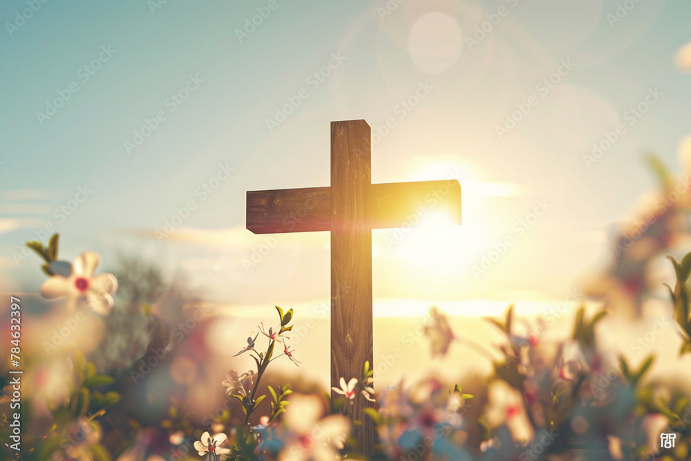 Wall mural Serene Wooden Cross Silhouette Against Radiant Sky