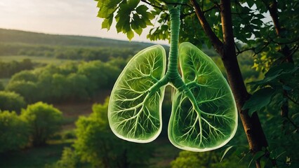 Lungs-shaped green tree with nature backdrop.
